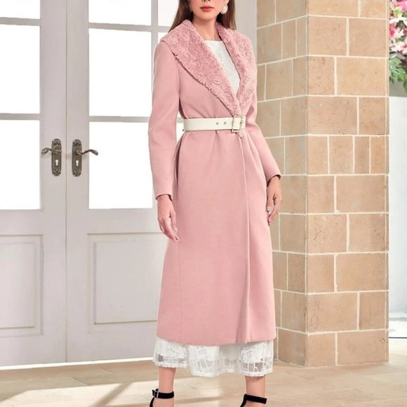 Faux Fur neckline Collar Overcoat Jacket Pink - Picture 3 of 6